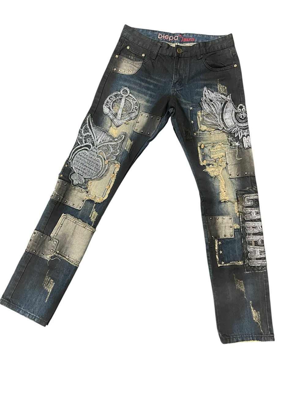 Men's Distressed biepa Black Patchwork Embroidered Jeans